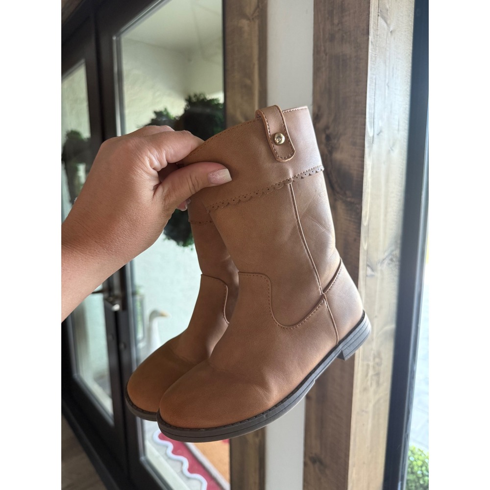 Kids Brown Faux Leather Tall‎ Boots Pull On Scalloped Trim Size 12